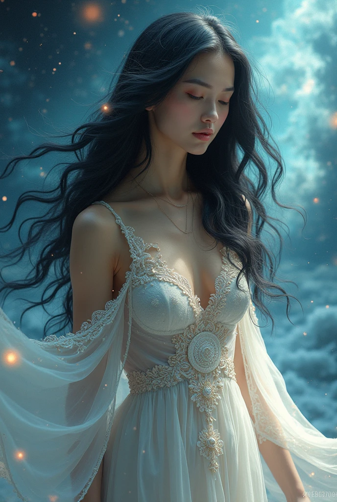 highest quality、masterpiece、8k、Realistic、超High resolution、Very delicate and beautiful、High resolution、Cinema Lighting、medium range shooting、Portraiture、Perfect female body、(Medium breast:1.3)、Opposition、Looking at the audience、((Long flowing silver hair:1.6、Shining by reflecting the moonlight、Deep blue eyes、Mysterious glow reminiscent of a starry sky、Soft contours、Calm expression、Beautiful Lips、Slender and graceful physique、Elegance is more prominent than strength、Sparkling in the moonlight、((Flowing white robes、Star and moon patterns are woven into the fabric、Symbolizes magical power))、A silver pendant shines around her neck.、Collect magical energy、Always with a calm and gentle smile、Providing comfort to others、A graceful and easy walk、A movement that cuts through the air。