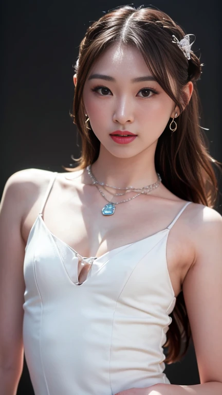 (((best quality))),(((ultra detailed))),(((masterpiece))),illustration,1girl,bun hair,(strapless see through gauze Korean bra:1.3),collar,slim,flat chest,laughing, summer night,Korean city scape, street, neon signs, beautiful, vibrant, detailed facial features,medium hair, elegance, cultural atmosphere, bustling city,tall buildings full of colorful advertisements, reflections, lively atmosphere, street food aroma,(close-up of face:1.3)