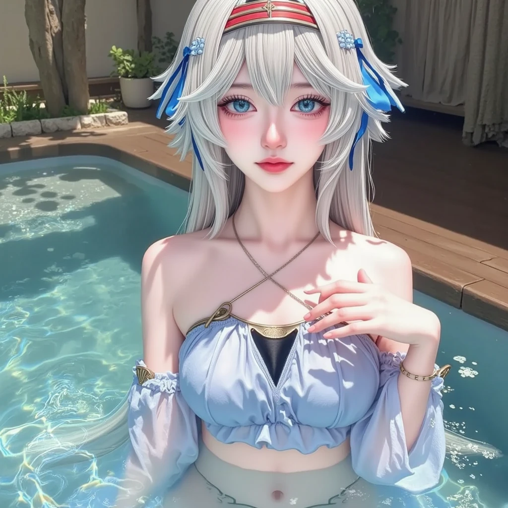 1 girl ,earrings,Goldfish ,precious stones ,sash,underwater ,Goldfish,White flower ,Akame,Behold ,get up, gray hair,clavicle,length、generally、Kamimei、looking at the viewer、white dress、Red Heavenly Woman's Robe、cleavage、close up of smiling face、beautiful eyes