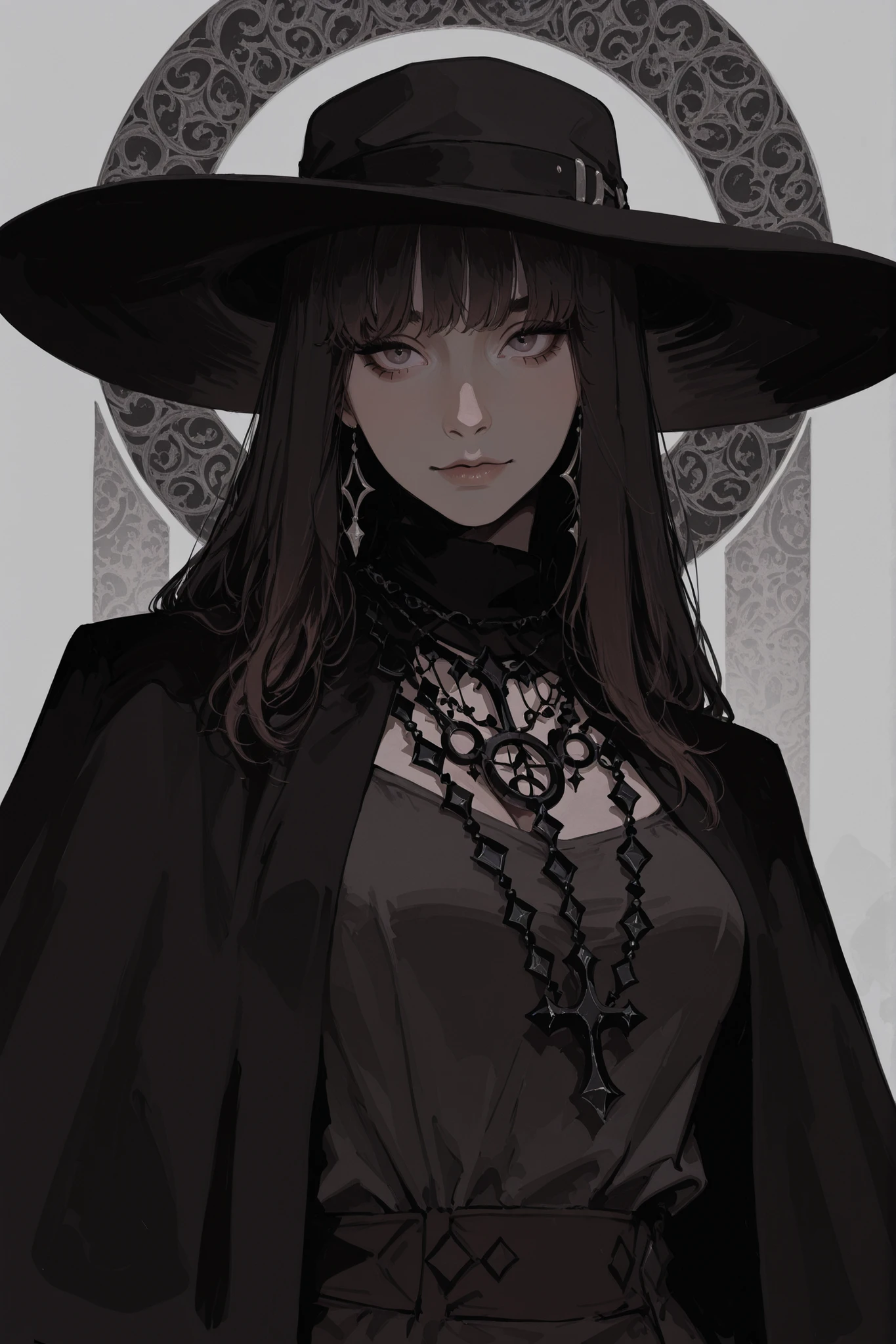 A striking portrait of a fashionably goth woman, rendered with detailed linework and a monochromatic color palette of black, gray, and hints of dark brown/black, featuring a wide-brimmed black hat and numerous dark necklaces and accessories.,masterpiece, best quality,absurdres