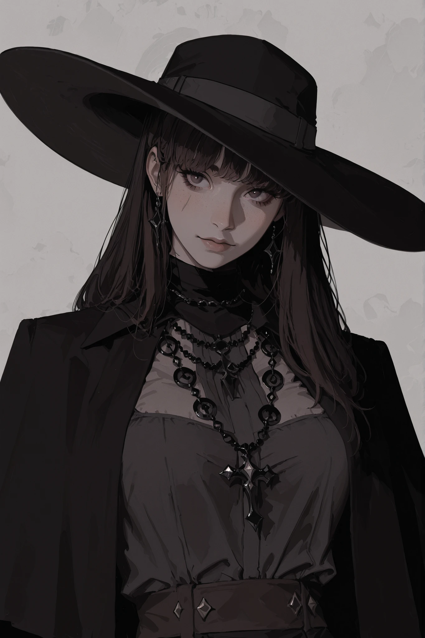 A striking portrait of a fashionably goth woman, rendered with detailed linework and a monochromatic color palette of black, gray, and hints of dark brown/black, featuring a wide-brimmed black hat and numerous dark necklaces and accessories.,masterpiece, best quality,absurdres