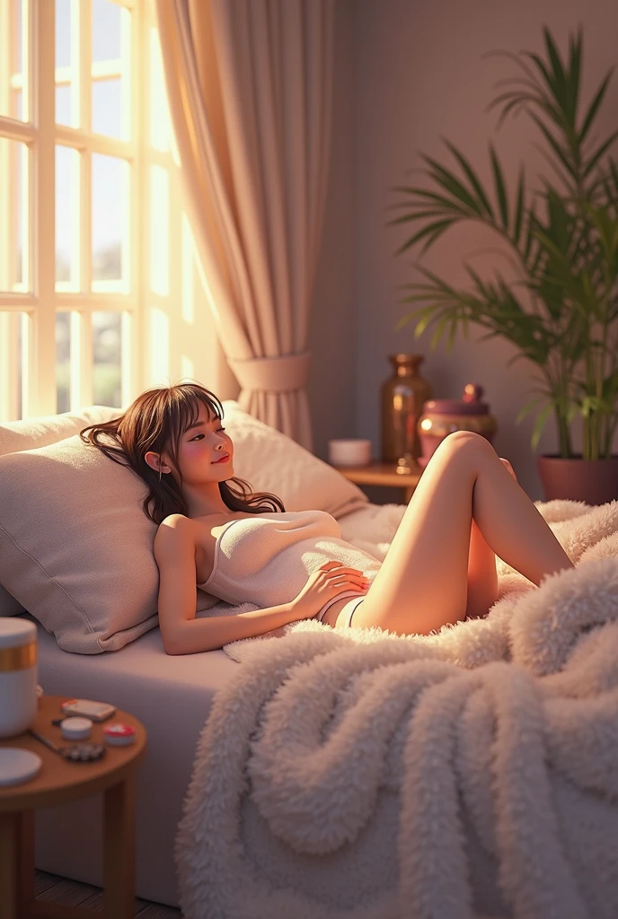 Colorful sketch style. A small room, light pink wallpaper,A woman with dark hair and green eyes sits on the bed and drinks coffee. The sun's rays wake up the room through the small window above the bed. as many details as possible