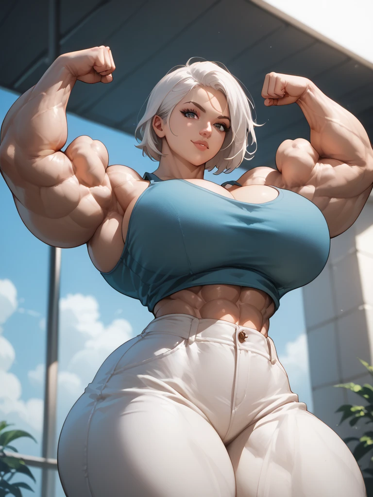 anime - style drawing of a woman with white hair and a white bra top and white pants, short messy hair, (eyepatch,one eye covered),very muscular! white, commission for high res, muscular girl, muscular!!, oc commission, muscular!! sci-fi, strong pose, most strongest pose, thicc, super buff and cool, 2 b, 2b, (sfw) safe for work, sfw version, feminine and muscular