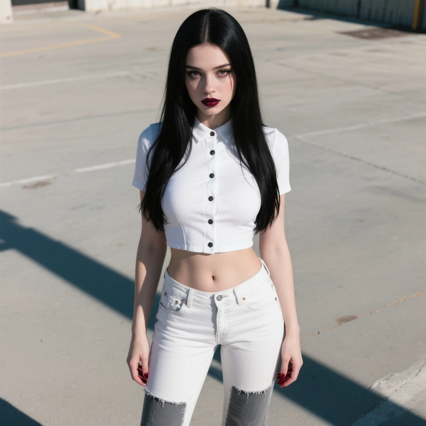 a vampire girl named Alu, with long black hair, bright blue eyes, pale skin. She wears a black tank top and jeans. She wears a necklace with a moon pendant. She is standing in front of the moon.