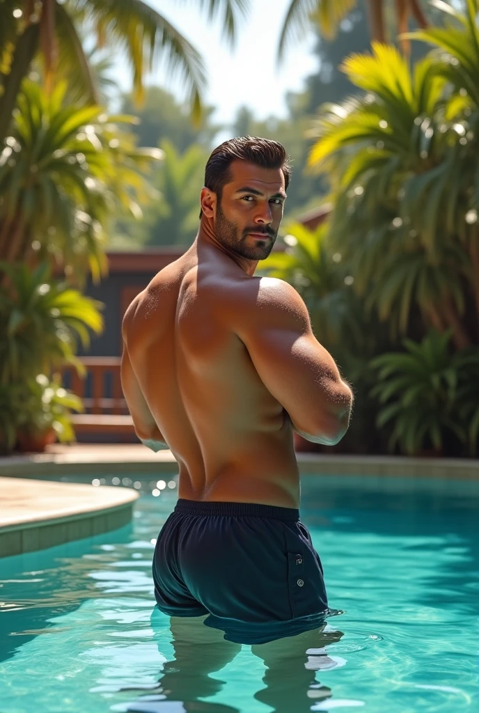 1 chubby man (homem de costa , He has his back to the viewer. Pool Scenario, beautiful mansion, Plantas Estilo urban jungle. Dia de sol, magnificent sky, sombras e luz no ambiente . He's bearded. gesturing with hands. gold chain around the neck, rings, clock