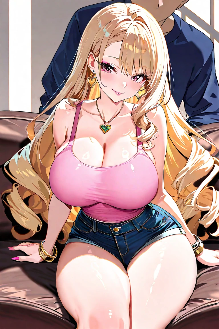 blonde hair, thick hair, long layered hair, voluminous blonde hair, volume long hair pink flower in hair, pink hibiscus flower in hair, green eyes, pretty eyes, (sparkly eyes), big lips, wearing pink lip gloss, long hair, giant breasts, nice top, skin tight shirt, sexy shirt, midriff, hourglass figure, (narrow waist), thick thighs, luxury, crowded space, defined stomach, bending over, bent over, pretty, atmosphere, nice ambiance, pink, kawaii, puckered lips, standing, background, cleavage, cute outfit, nice outfit, beautiful outfit, frilly clothes, girly pretty clothing, beautiful jewelry, gold jewelry, detailed face, flushed face, detailed green eyes, green eyes, head tilt, intimacy, low angle, low shot, hair ribbon, hair clips, tan skin, tan lines, shiny skin, shiny lips, thick eyelashes, big thighs, thick thighs