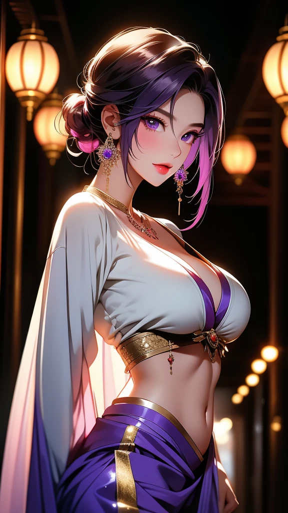 (Finest quality)),(A high resolution),(ultra-detailed art),(Meticulous portrayal),((Best Anime)),(Finest works of
art),sharpness,Clear,Ultra-Precision Art,The art of astounding depiction,(masterpiece),
short Hair ponytail, short ponytail, purple hair, vibrant purple hair, extremely detailed hair, detailed bangs, with bangs,
pretty face, beautiful lips, soft lips,pretty face, close up face,serious face, pretty nose, beautiful nose,
pretty eyes, beautiful eyes, detailed eyes, perfect eyes, green eyes,
clear skin,white skin, soft skin, small bust, smooth skin,
korean girl, korean beauty, irene, red velvet irene,
purple skirt, detailed skirt, female samurai clothes, female samurai top, ronin clothes, japanese robe covering arms, show cleavage,
cool pose, full body,
super low-angle shot, no background,looking at camera,
