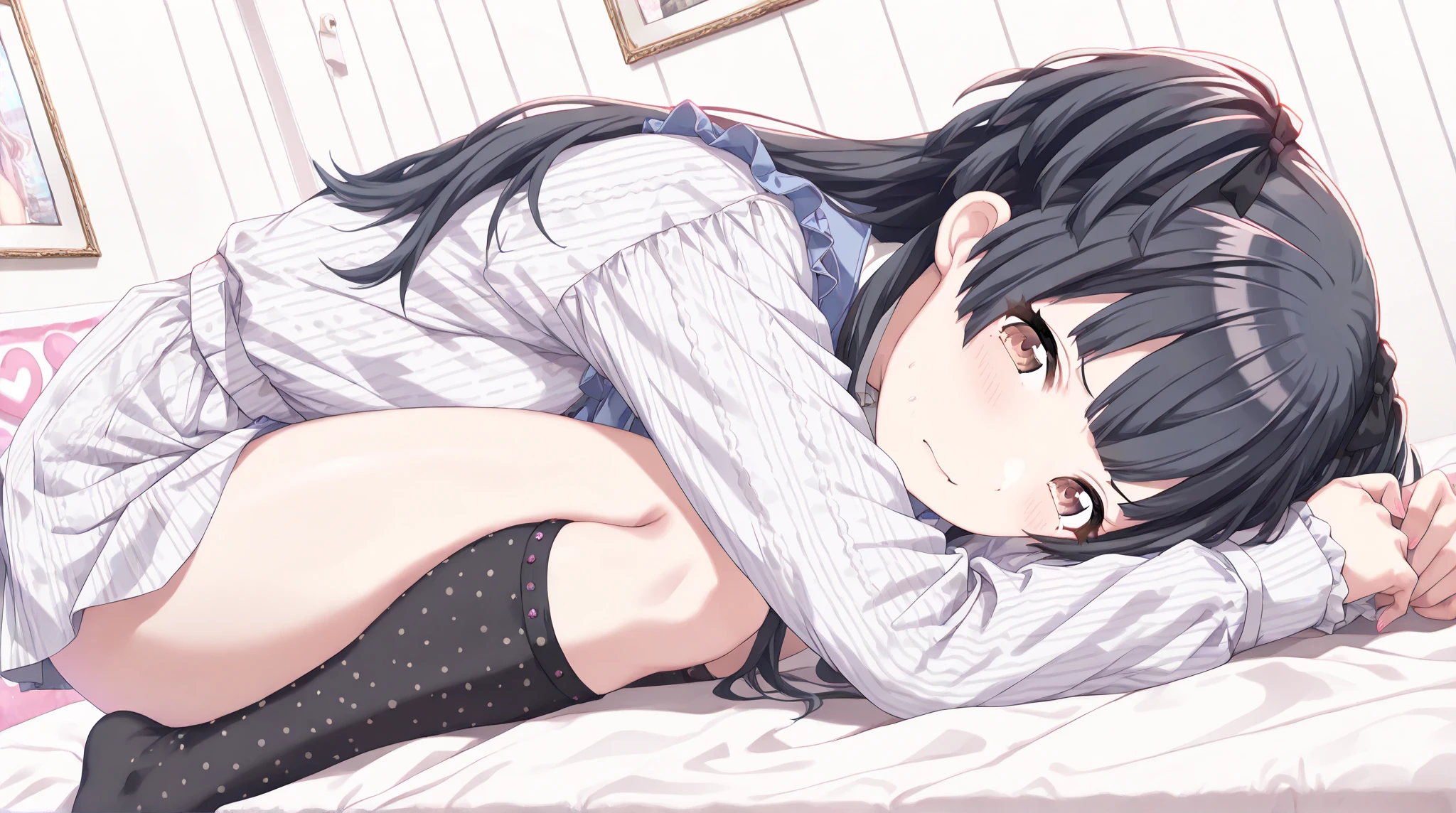 beautiful Girl knit natta A dark-haired a bed laying on back Undress be shy