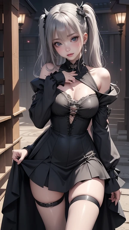 (masterpiece), (best quality), (ultra-detailed), Skalter, grey hair, red eyes, low twintails, low-tied long hair BREAK, illustration, disheveled hair, detailed eyes, perfect composition, moist skin, intricate details, earrings, Volumetric Lighting, Skalter, grey hair, red eyes, low twintails, low-tied long hair BREAK, light depth, dramatic atmospheric lighting, Volumetric Lighting, turtleneck, turtleneck sweater, backless sweater, sleeveless, bottomless, indoor, thighs, black sweater, standing, apartment