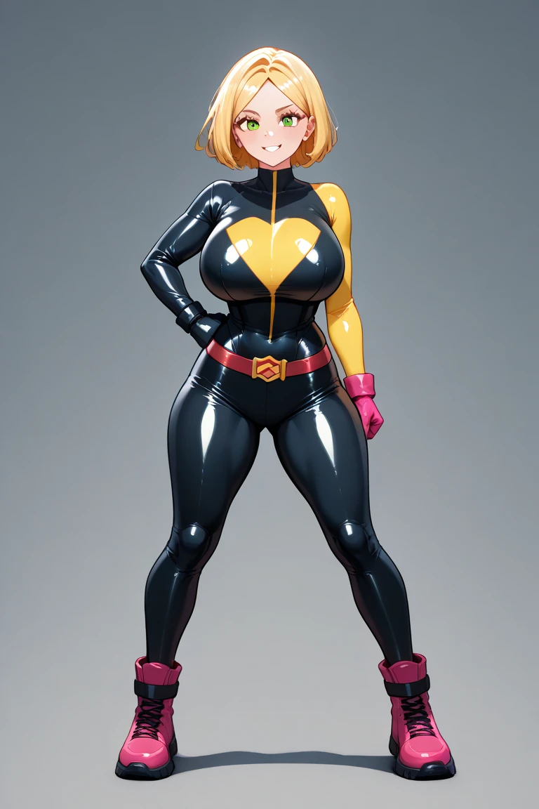 masterpiece, best quality, 1girl, lienneville, blonde hair, hairband, red eyes, (yellow and black color-blocked bodysuit), ((super gigantic breasts)), (muscular:1.5), (muscles, abs, biceps, obliques, abs lines, naval, ripped, fit), unzipped center opening, cleavage, closeup, smile, sketch, solo, full body, simple background <lora:LienNeville:1>
