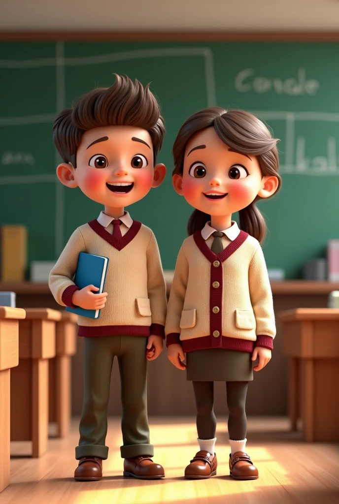 Disney boy and girl in school uniforms with backpacks and may the girl's uniforms be happy ( Yellow wool bust and navy blue pleated skirt , Navy blue tights and black school shoes ) and of the child ( Navy blue cloth pants and yellow sweatshirt ) without a tie the girl