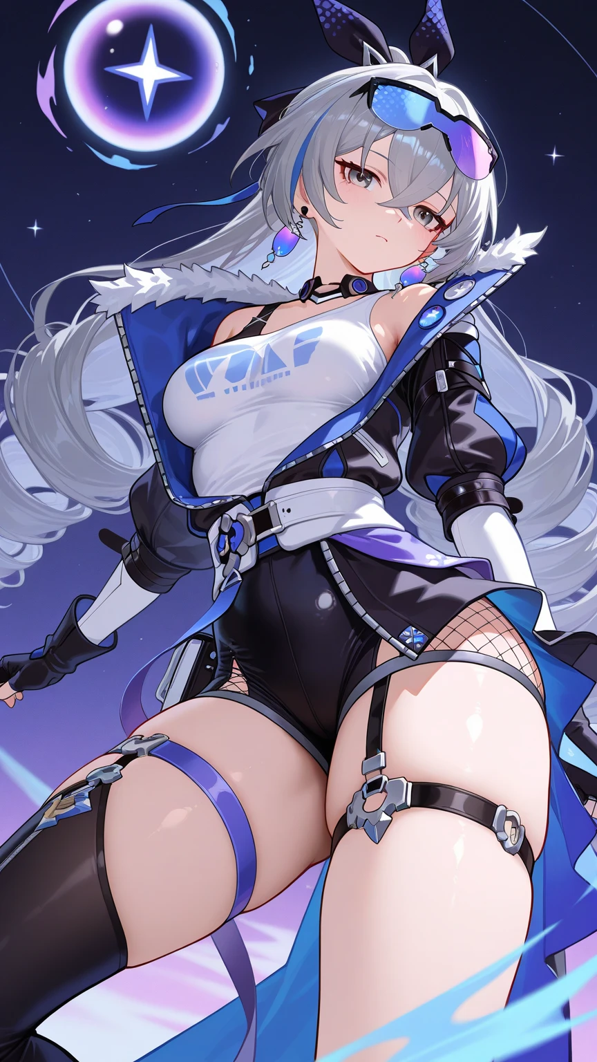gigantic cleavage breasts,light blue hair,Nudity all over,A huge ,Wear black stockings on the legs
