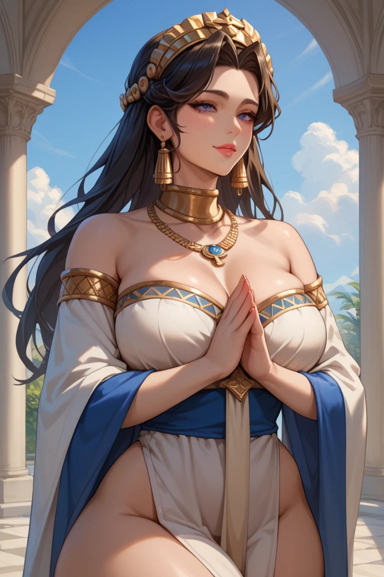 1 beautiful woman, fair skin, long dark hair, blue eyes, medium breasts, wearing greek toga, elegant, sensual, sideboob, (masterpiece, top quality, best quality, official art, beautiful and aesthetic:1.2), extreme detailed, colorful, highest detailed
