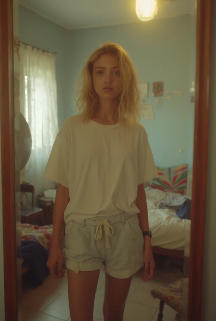 Blonde girl, short hair, chin length hair, blue eyes, athletic muscular body, standing, leaning against doorframe, holding a coffee mug, wearing a baggy shirt.