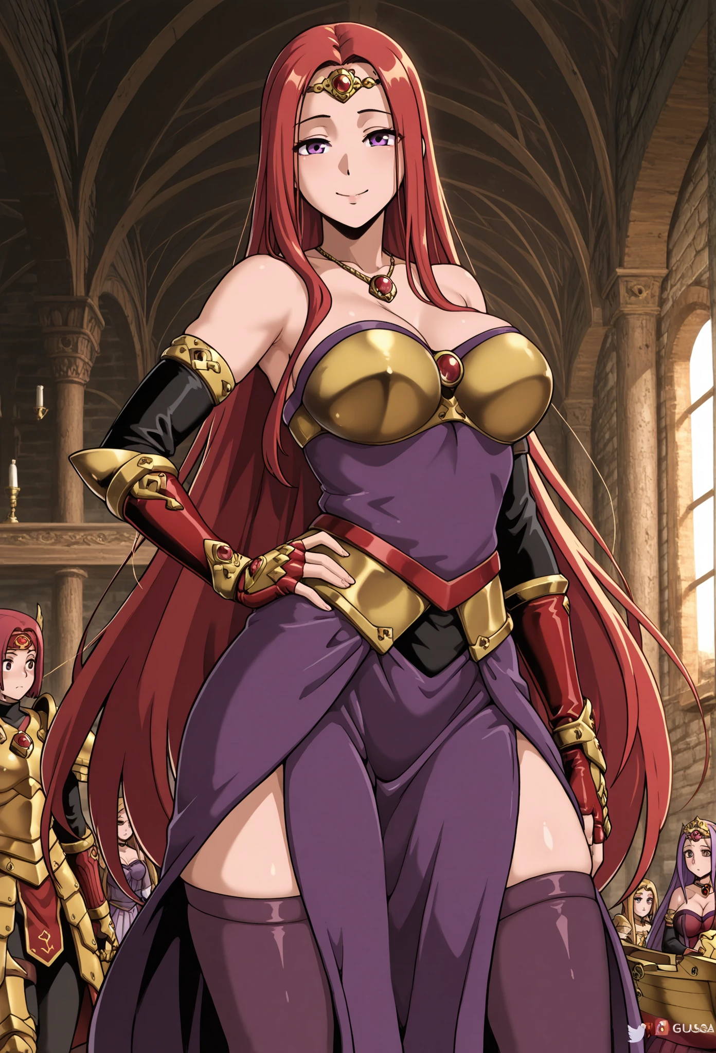 Teen titans, Starfire, anime, masterpiece, 1girl, ((bimbo))), smile face, green eyes, long red hair, , wide hips, thick thigh, big breast, huge ass, shiny skin, purple skirt, purple top, full body, /upscale (icone de um jogo), (icone de peitoral : 1.5), um peitoral , peitoral marrom, chest plate, peitoral pesada marrom, peitoral grosso, peitoral de Armadura intrincada, peitoral de armadura de fantasia pesada, peitoral detalhado, armadura ornamentada, peitoral de Armadura Paladina, peitoral dearmadura de batalha, intrincada peitoral, pants, body suit