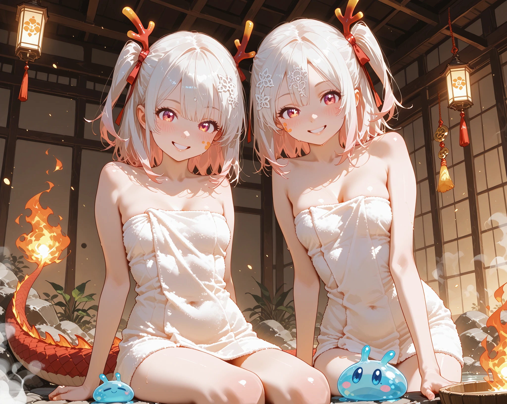 Girl with hair down to her feet、White thin camisole and soaking wet, transparent breasts、Cute white underwear visible through a red tanding posture、barefoot