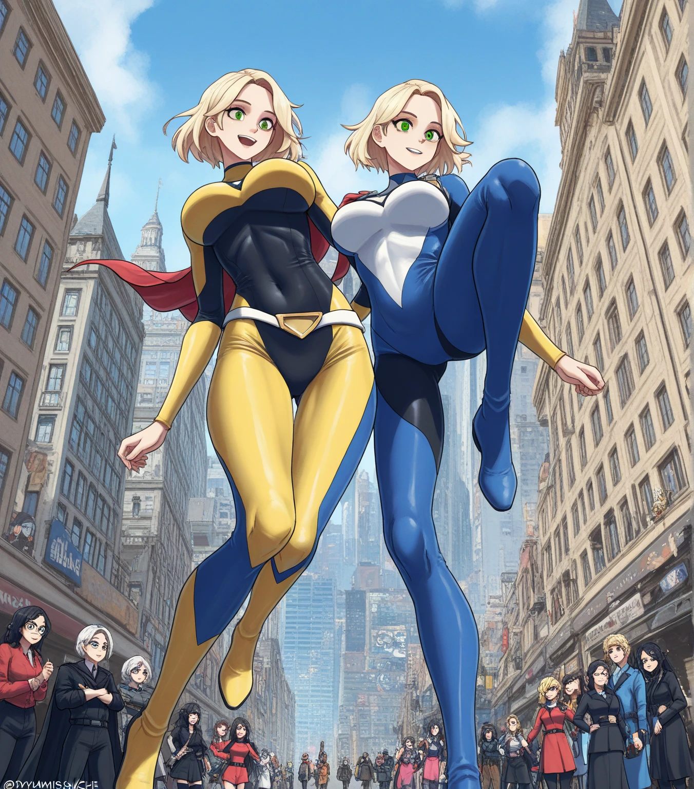 ((best quality)), ((masterpiece)), (detailed), 1 girl, Full body, 19 years old, Smiling face, Blue eyes, Star-shaped tiara, Arms outstretched, Arms behind waist, Eye mask, Blue superhero mask, Blushing, Blonde hair, Straight hair, Long hair, Bangs, 2 star clips on the sides of hair, Full body, Medium breasts, Slim body, Hands with yellow stars, Yellow wristbands, Long yellow gloves, Purple gloves, Superhero costume, Superheroes, Yellow leotard suit, With a big yellow star in the center, Star emblem, Somewhat tight, Long yellow cape on waist, Red belt, Purple legs, Purple pantyhose, Purple boots, Flying, City background, Anime