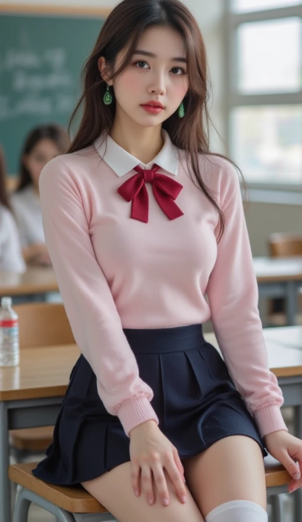 a closeup, masterpiece, top-quality, FULL ANATOMY、Raw foto, Photorealsitic、(Cute little face:1.7)、(Very cute smile:1.7)、(with round face:1.7)、(She looks like an idol and is cute:1.7), A dark-haired、(brightly colored school uniforms:1.7), depth of fields, hight resolution, ultra-detailliert, finely detail, ighly detailed, extremely detailed eye and face, Realistic pupils, foco nítido, Cinematic lighting、18-year-old woman、(One lady、独奏:1.3)、 poneyTail、curlyhair、Very detailed 8k wallpaper、Show me your whole body、Looking at the camera、(Pleated skirt with plaid pattern that is too short、I can see my panties、Plump panties、panties in a light color:1.7)、(Pink Fishnet Stockings)、is standing、Angle from below、(Thigh close-up:1.5)、(Nice figure、Clothes with emphasized chest bulge、Colossal tits、big breasts thin waist)、depth of fields、Bokeh in the background