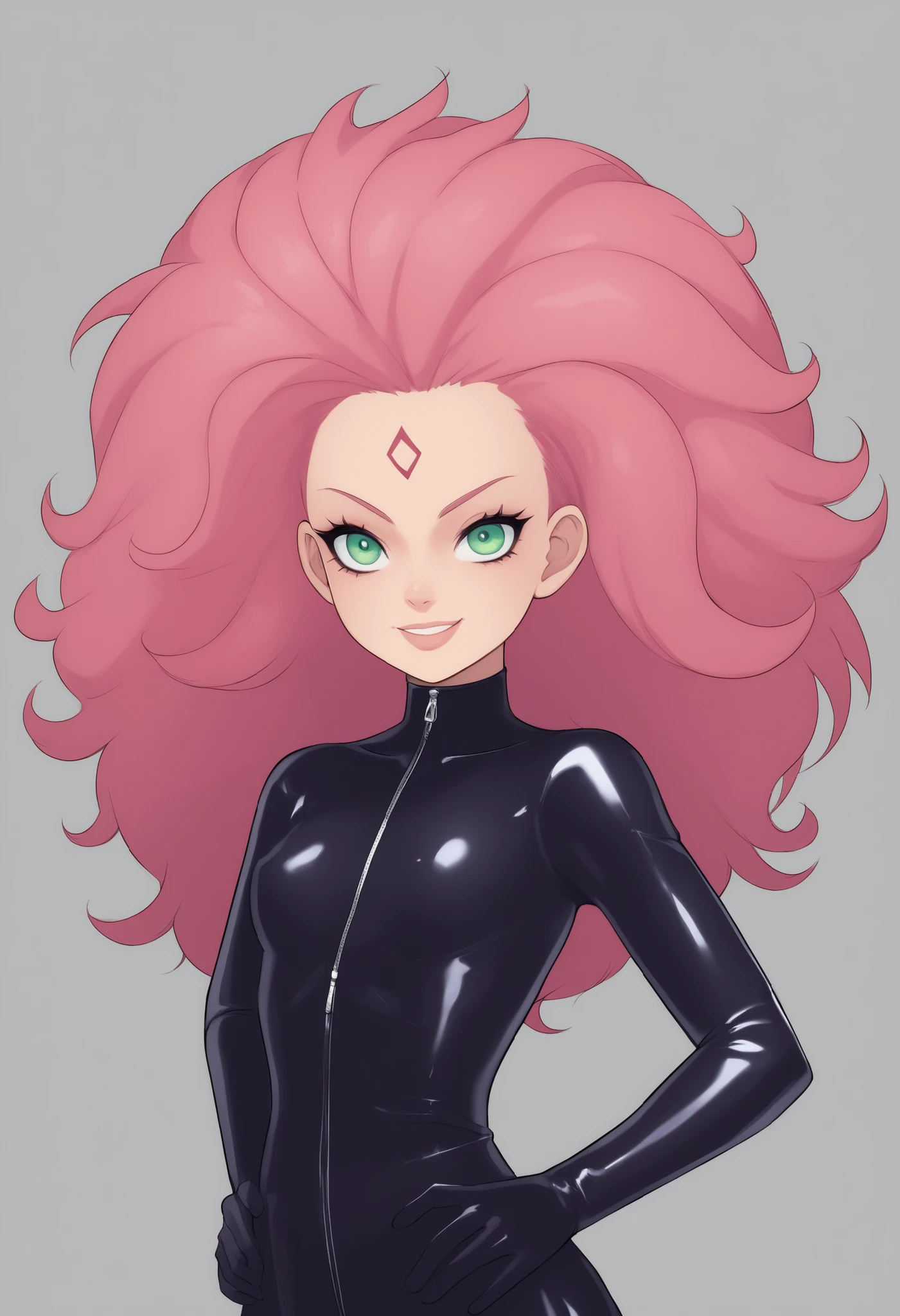 Sakura Haruno. small breasts, huge hips, pink hair, gigantic hair, light green eyes, thin lips, very fair skin, big forehead. | Dark Phoenix , superhero female , 1girl , solo , evil eyes , big giant hair, makeup , sexy latex unzipped , upper body , looking at viewer , kiss smile , 1girl , solo , Dark Phoenix , superhero female evil eyes , big giant hair , makeup, standing up straight , hands on own hips , outside