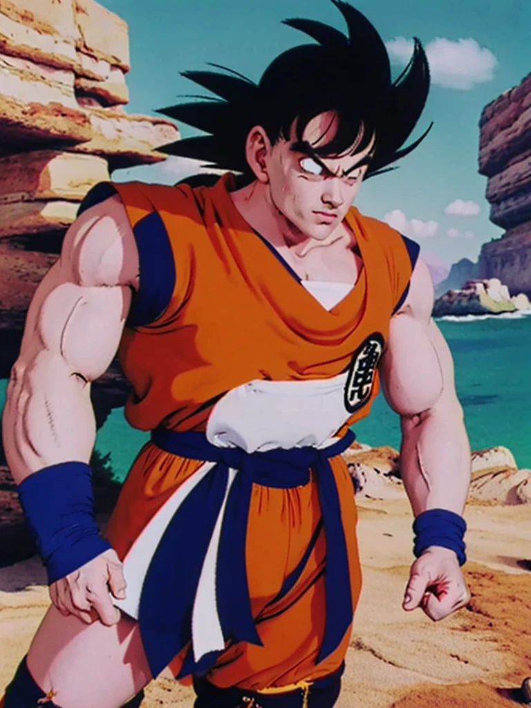 A muscular shirtless Goku, Son Goku showing off his well-defined muscles, clenching his fists, bara, massive pectorals, perfect abs, ultra-detailed, (best quality,4k,8k,highres,masterpiece:1.2),ultra-detailed,(realistic,photorealistic,photo-realistic:1.37),HDR,UHD,studio lighting,ultra-fine painting,sharp focus,physically-based rendering,extreme detail description,professional,vivid colors,bokeh,concept art