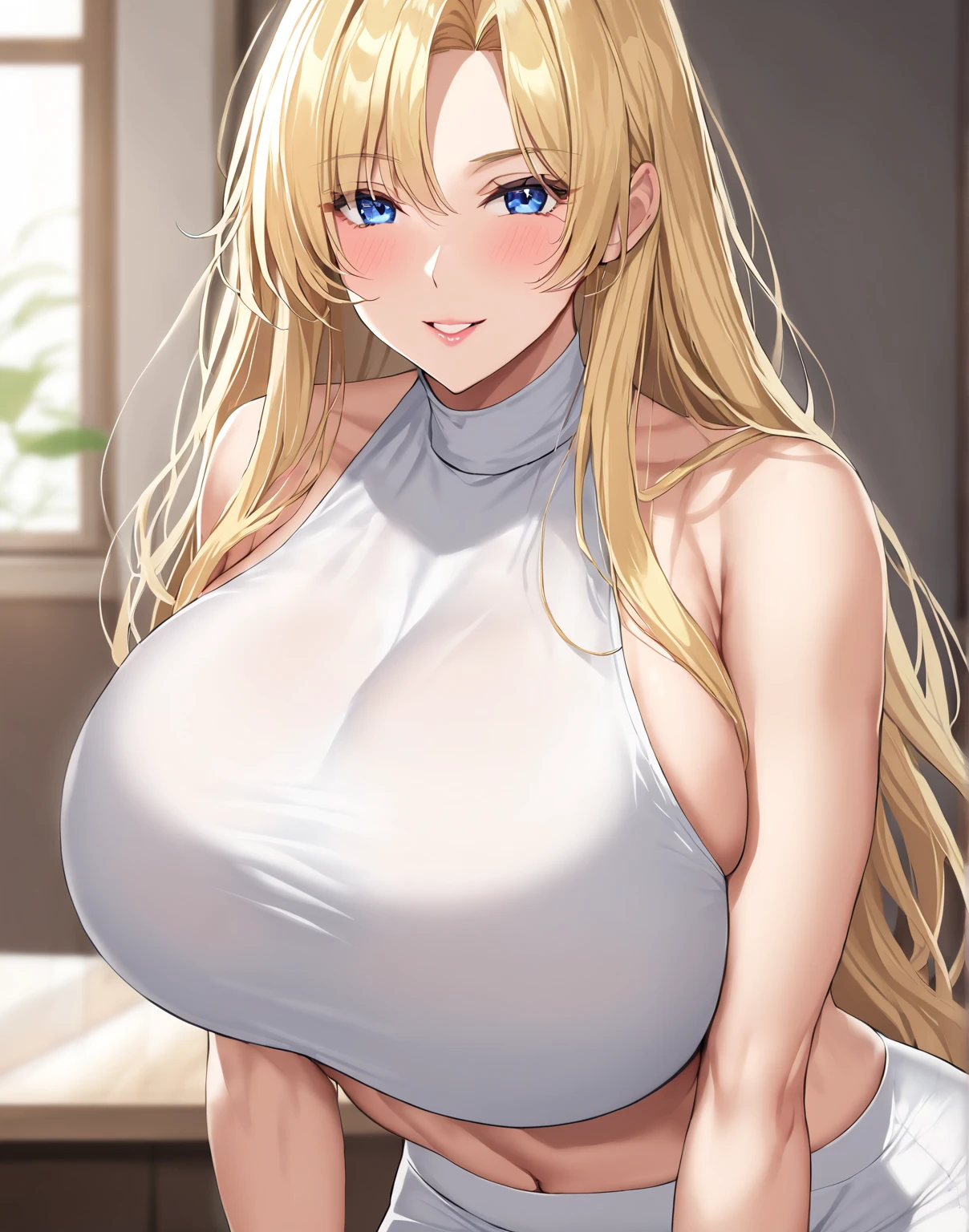 masutepiece, Best Quality, High resolution, solo, 1girl, Full body, Description Girls, detail hands, Detail fingers, Detail Face, cute face, detail legs, overdetailed art, Fine details, Huge breasts, Huge ass, steam, Sweat, long hair, wavy hair, blonde hair, solo, milf, smile, white dress, lake