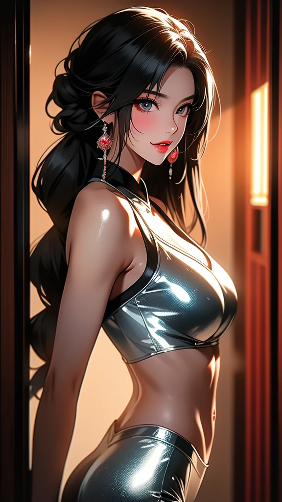 the bullet bill (from mario bros), with the crown from the peach transforme meme, transforms into a girl with dark skin, athletic body, huge breasts, long black hair, straight bangs, crimson red eyes, wears a short tank top, showing off of her six pack abs, drinking a bottle of water, while resting her other hand on her waist, 1 girl, perfect anatomy, pretty face, perfect hands, no extra arms or legs, 4k resolution, simple background.
