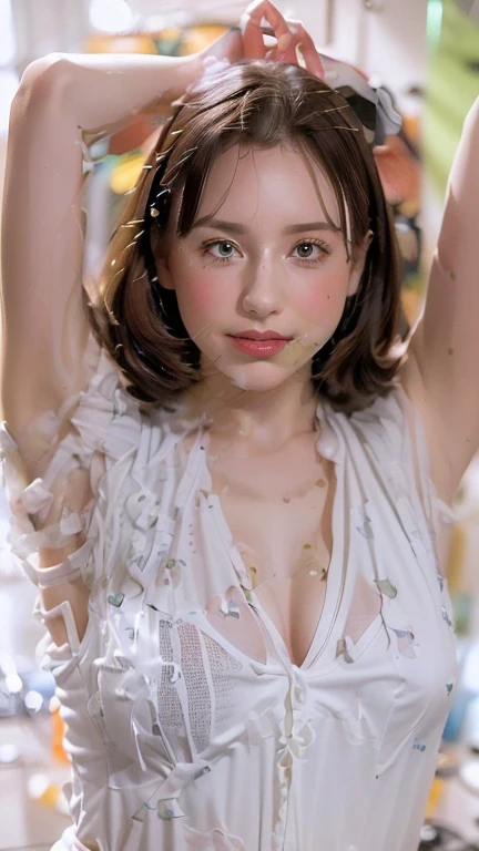 alone, Standing in the Daiking Kitchen,beautiful girl with a smile, White shirt and white panties,plump lower body,((Raise your arms and show me your armpits)),Portrait shooting from head to knees, (delicate illustrations:1.4), (renaissance art:1.4), (masterpiece:1.0), (highest quality:1.4), (ultra high resolution:1.2), (realistic:1.4), (8K, RAW photo:1.2), (soft focus:1.4), (18-year-old:1.3), (sharp focus:1.4), detailed beautiful face