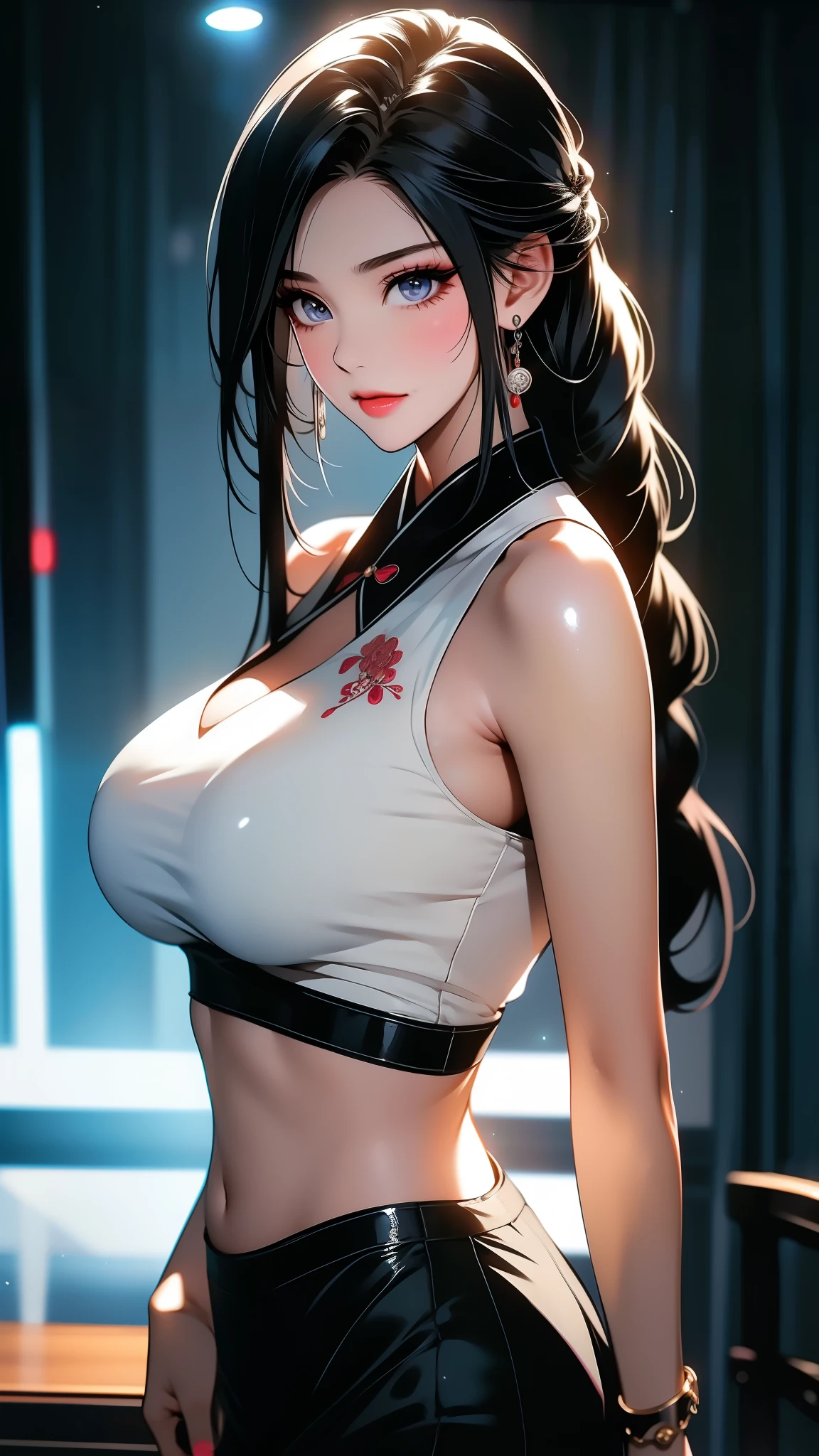 Gorgeous erotic face:1.4). middle hair. twintails. black hair. (face focus:1.7),(1girll:1.3).solo.(view the viewer:1.4). NSFW. (skinny:1.7). (Slim legs:1.6) .(white shirt lift:1.5).(Short black skirt:1.3).schools. (Big breasts:2.0). Black hair. Sweat. steam.
