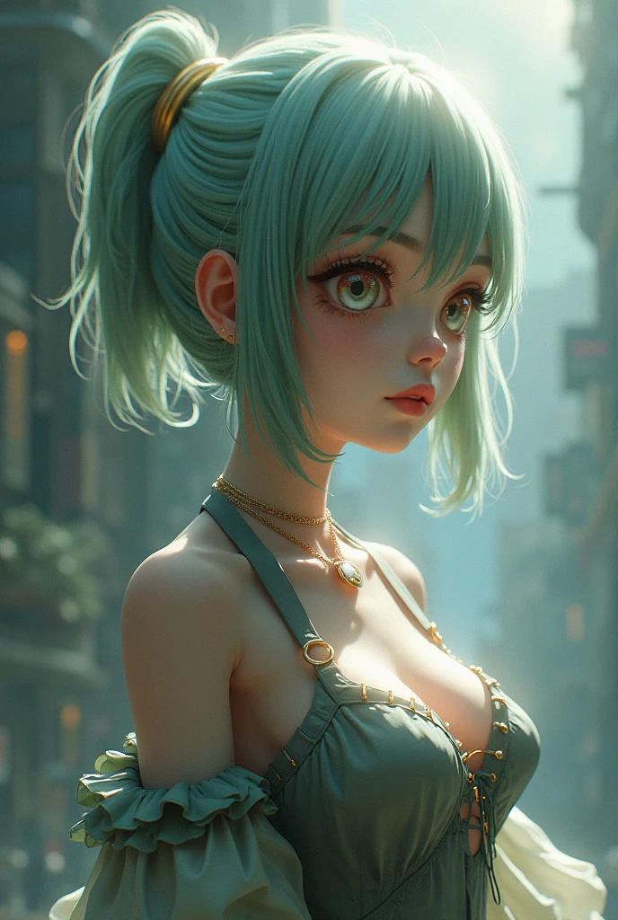 (masterpiece, best quality), intricate details, thin, ((slim with natural bust)), beautiful girl, Light green hair, white skin, light yellow eyes, sharp jawline, cropped jacket, (shoulder length hair) messy hair, lips, upper body, smirk