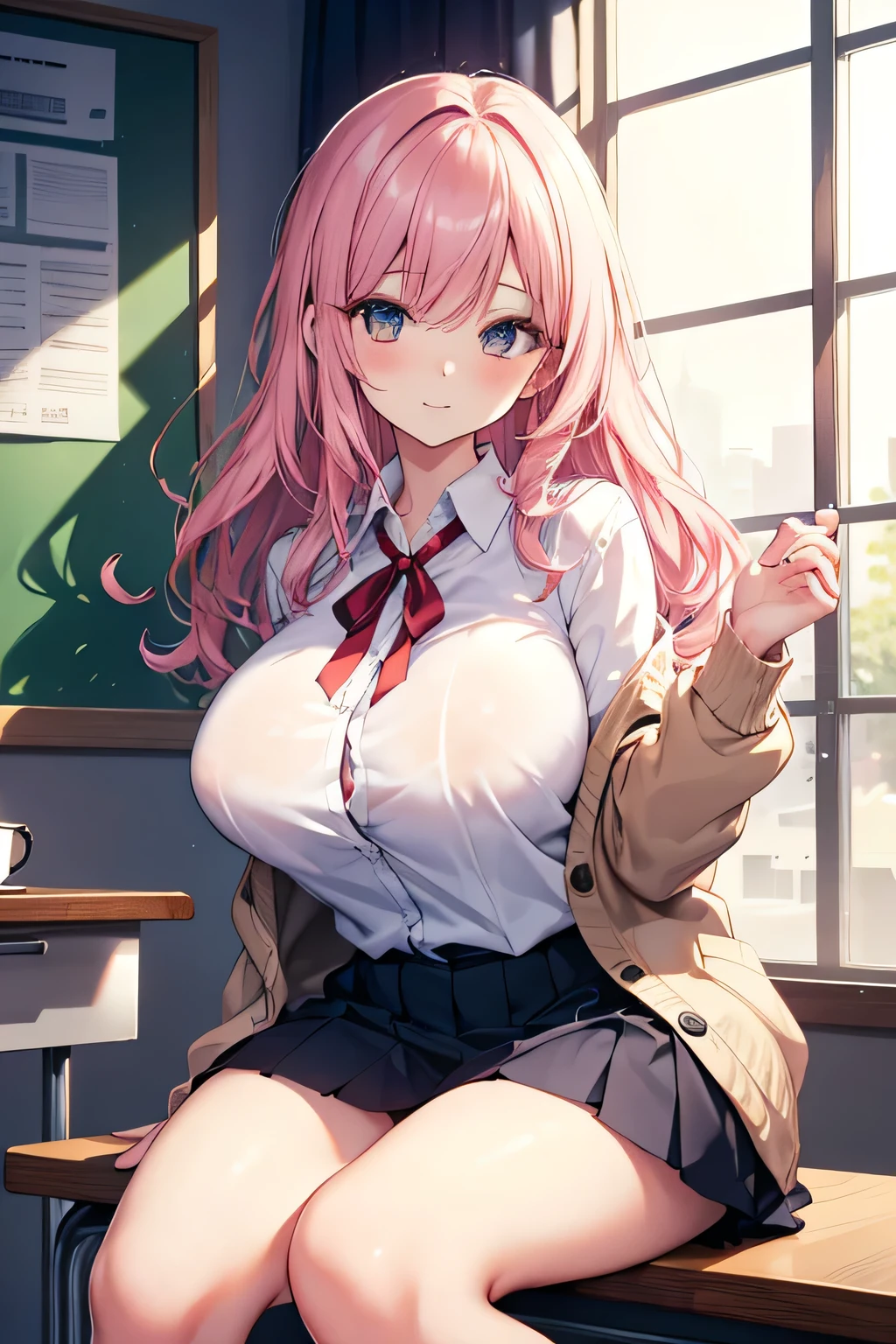very cute and beautiful girl,tall,(highly detailed beautiful face and eyes:1.2),school uniform, white shirt,loose collar, skirt,(large breast:1.3),breast focus, (You can see the cleavage:1.2),standing,stylish pose,looking at viewer,Thin face,nice face,Clear face,clean face,in the classroom,sitting on desk,(long and beautiful legs:1.2) (best quality,masterpiece:1.2),highres,extremely detailed,solo, hair fluttering in the wind,beautiful detailed sky,(realistic),perfect hands,Yae Miko,sexy