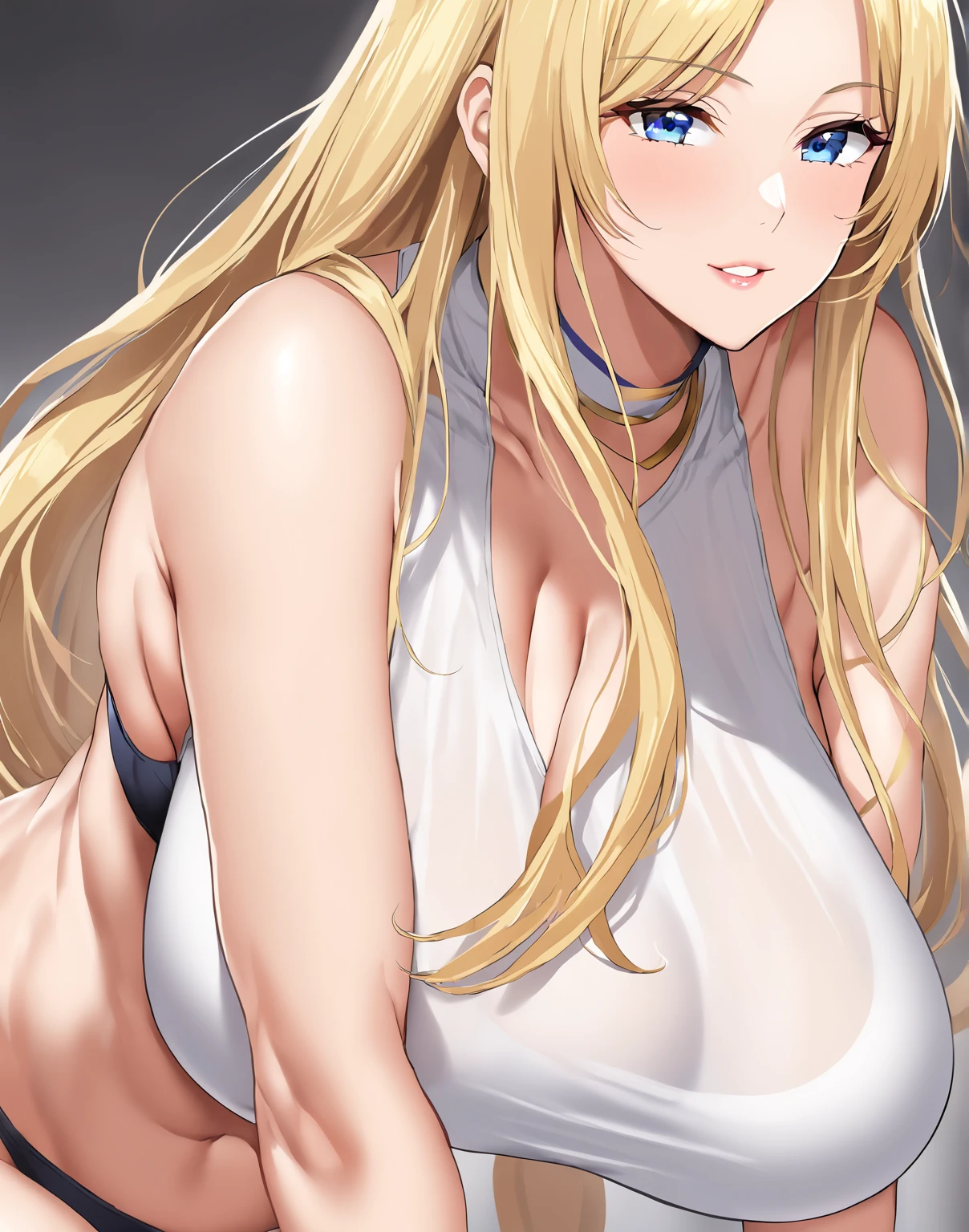 Very detailed、Highest quality、Best image quality、masterpiece、8k、(shoulder-length blonde hair、Medium Long Hair)、(smile、Open Mouth) 、(Hilarious)、(Big eyes)、(Beautiful and shining eyes)、(Detailed anime eyes)、(Puffy eyes)、(Big Breasts:1.5、topless:1.5、only breasts are in full view :1.5、bare breasts:1.5 、bare nipples:1.5、 thick nipples、erection of nipple、pepperoni nipple、necklace)、((SFW Huge Body))、Cowboy Shot、(highleg panties:2.0、Calvin Klein T-back、ckundies)