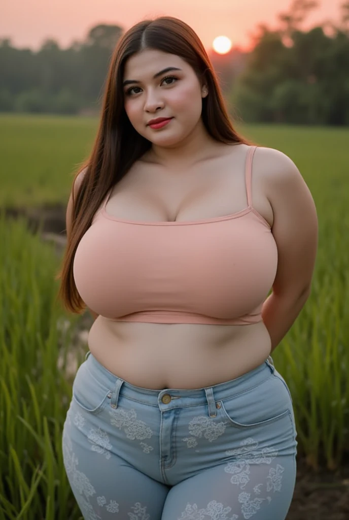 ((Best Quality, 8K, Masterpiece: 1.3)), Chubby woman smile  ((best quality)), ((masterpiece)), (detailed), perfect face, USA woman fat in a dark-blue shirt and blue denim skirt walking down a street, thicc, she has a jiggly fat round belly, bbwchan, wearing tight sexy clothes, skinny waist and thick hips, widest hips, her belly is fat and round, soft curvy shape, hyperrealistic full figure, wearing a cute top, wide hips, cropped shoulders，Bare belly,(big assa:0.7),show legs,, thicc, beautiful thick female, beautiful curvy female,, Tall and tall，clear curvy details, curvy hourglass figure, alluring plus sized model, bbwchan, Voluptious body, Curvy model, Curvy body, Be red in the face, 1girll fat , a matural female, A MILF, the golden ratio,(Kpop idol),(Oil skin:1.2),(Oil skin:1.1) background High quality, HD, realistic, HDR. mountain refuge in grey stone, blends into the panoramic view of the mountain, spring landscape (green and flowery), edelweiss, lake, stream that winds, sunset, cool breeze. welcome mountaineers and hikers.