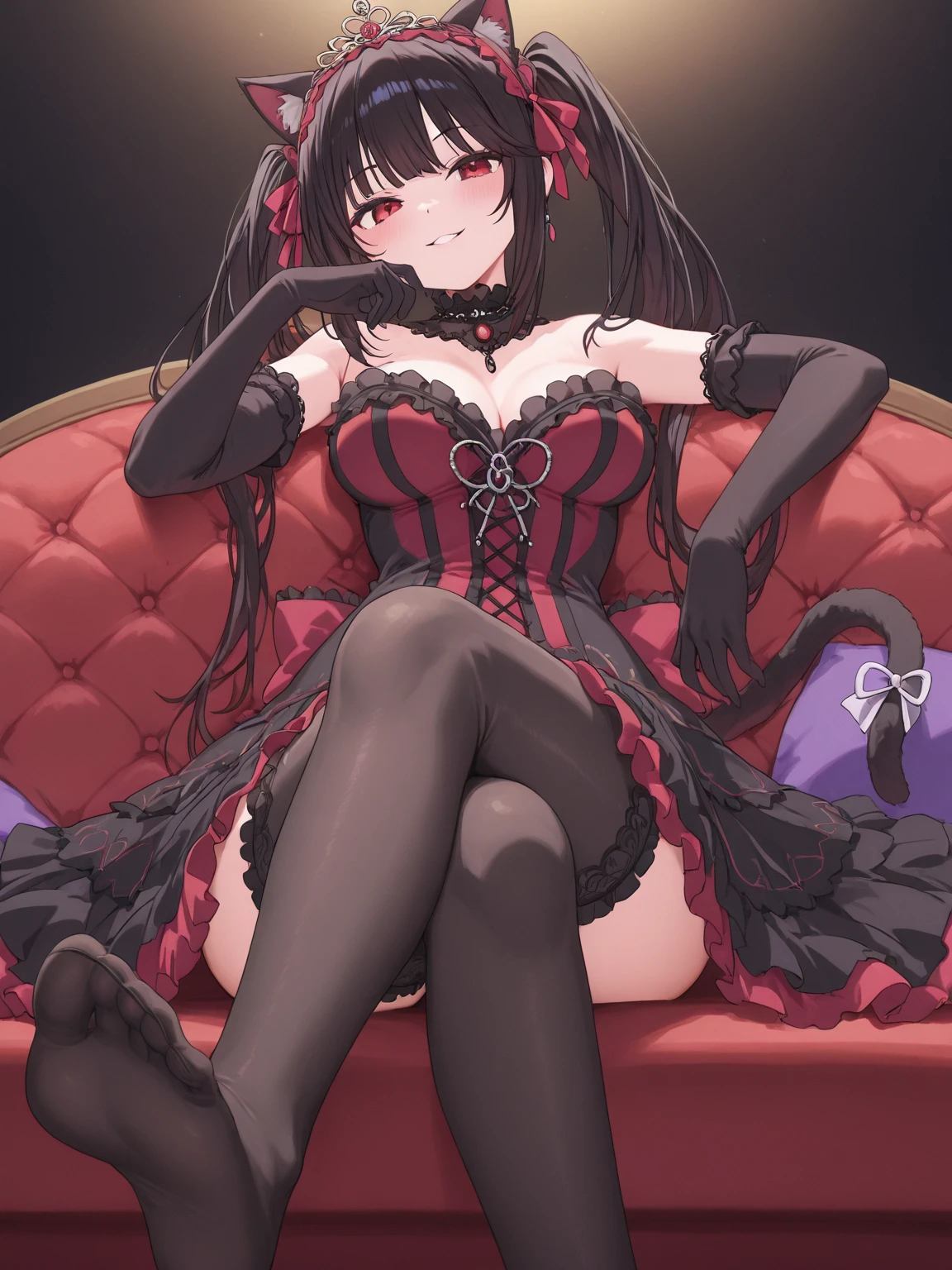 a masterpiece, best quality, 8k, photorealistic,Perfect feet, 1 girl, beach, reaching forward, long black twin tails, (golden eyes:1.2), heterochromia, (red eyes:1.2), Kurumi Tokisaki, smiling, gothic lolita accessories, Victorian maid headdress, black ribbon, maid outfit，Sitting posture, （Lift the soles of your feet）