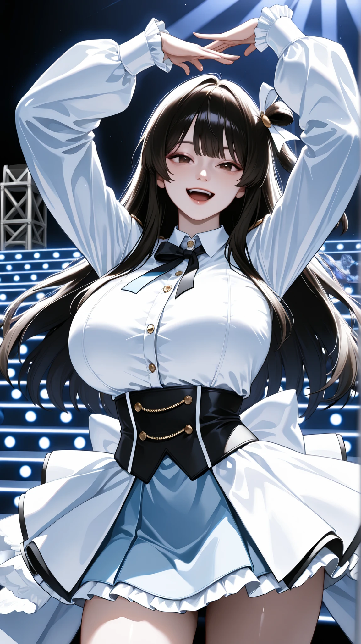 riofutaba, highres, highest quallity, illustration,  ultra detailed, (detailed face), (detailed eyes), soft lighting, best quality, hyper detailed, masterpiece, 1girl, solo, outfit3, ashe brown hair, long hair, brown eyes, huge breast, glasses, leotard, playboy bunny, bow tie, rabbit ears, pantyhose, wrist cuffs, luminous eyes, large breasts, (colorful), upper body, looking at viewer, singing, smile, indoors, on stage, performance, stage lights, spotlight, holding microphone, leaning forward
