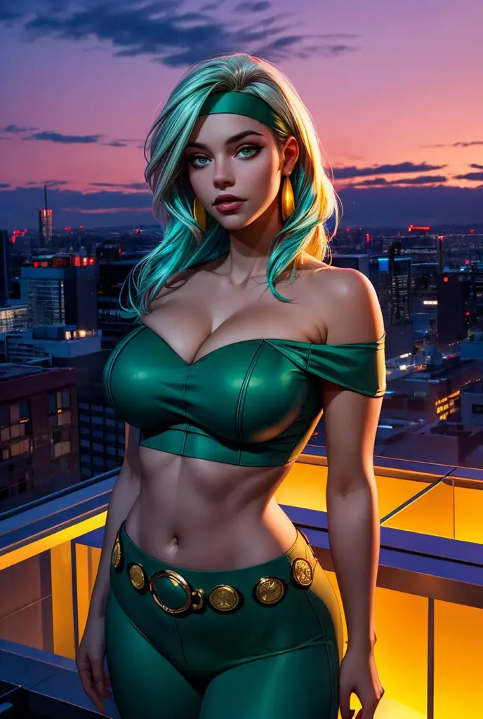 (ultra realistic,32k, masterpiece:1.2),(high detailed skin:1.1),( 8k uhd, dslr, high quality:1.1),
<lora:fire_DC_v1:0.7>fire_DC, long green hair, crop top, pants leggings, gold belt,strapless, off shoulder, headband, , <lora:add_detail:0.75>, (huge breast:1.1),
(looking at viewer, Bend forward:1.1),upper body,
,(soft shaded neon light:1.1), rooftop terrace, panoramic city views, relaxing ambiance, sunset