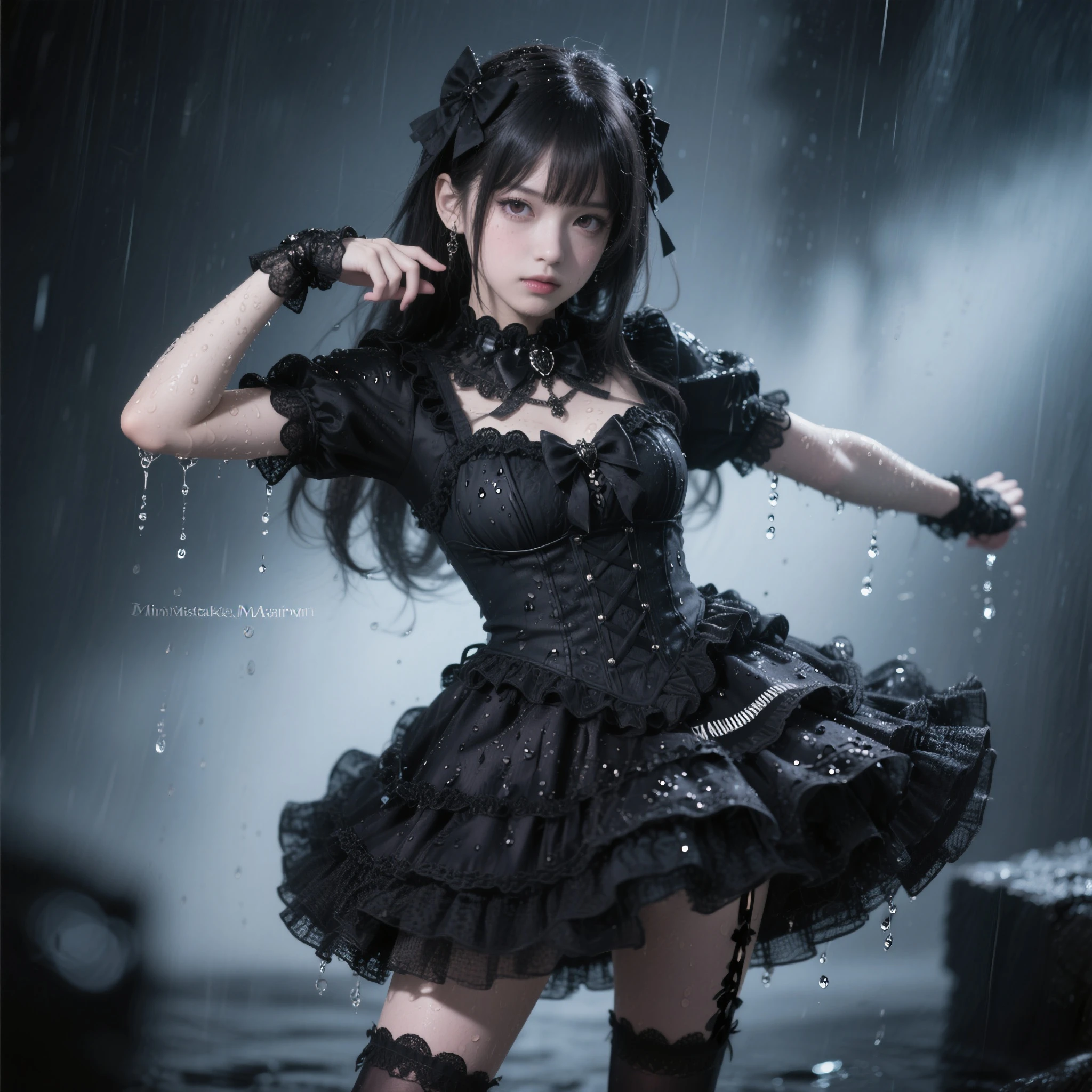 best quality, quality, masterpiece, Realistic, One girl, alone, Twin tails, Hair Ribbon, Kneel,jirai kei attire, jirai kei, Black knee socks, High heels, On the street, Neon Light, rain, Cityscape,