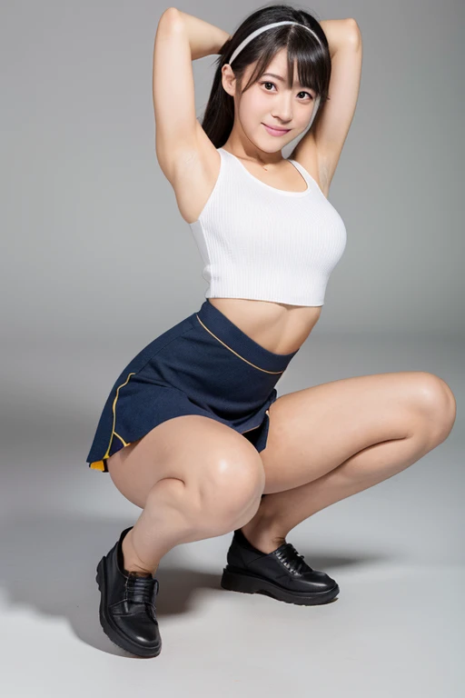 (8x_NMKD-Superscale_150000_G),(8K, Super high quality,highest quality),(masterpiece:1.5),((simple background)),((Cheerleader)),((blue and yellow sports bra)),((Blue and yellow pleated micro miniskirt)),((白色のpanties)),(panties,Crotch clean,Kuikomi),(leg up:1.5),(panties focus:1.5),Ballet Poses,ballet style pose, tip pose, classic dancer striking a pose,Raise your legs straight up, straight up to your toes.,Stretch your hand neatly with your fingertips