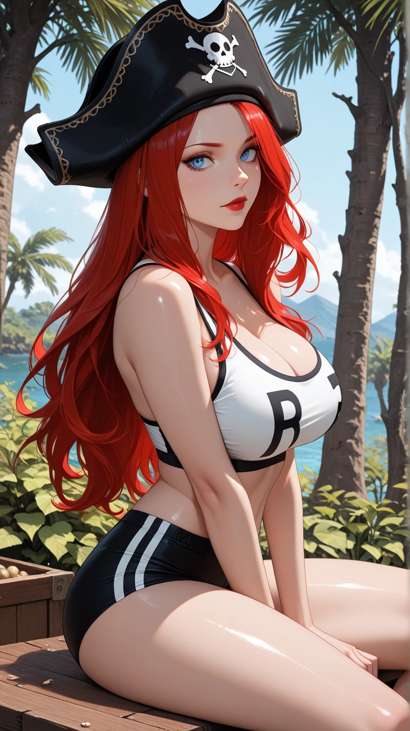 Seductive woman with red hair, With red lipstick and big breasts. nike tennis blue biatido