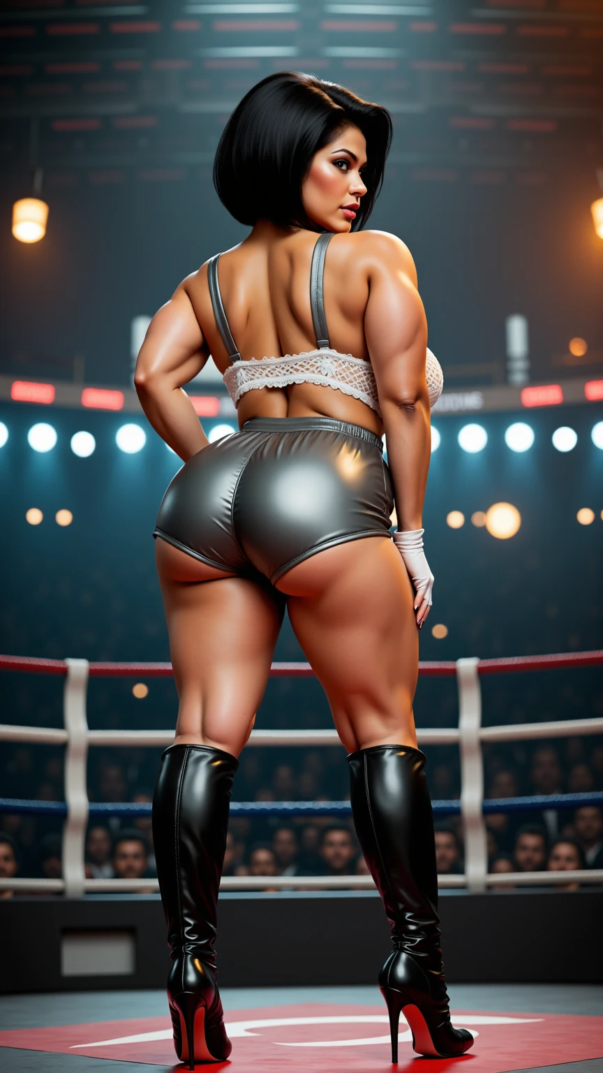 ((Curvy Denise Milani)) (Big bright green eyes) ((bright red lipstick)) ((stylish jet-black hair)) ((large fake breasts)) ((thicc thick thighs:1.1)) ((thick calves:1.3)) ((wearing olive green leather boxing shorts)) ((fishnet stockings)) ((short stiletto-heeled combat boots)) ((wrestling ring entrance, inside crowded stadium)), ((high definition:1.5), ((low intencity lights)) ((masterpiece:1.5)) ((16k:1.5)) ((Best quality:1.4)), (full body portrait), boxing shorts, sexy boxing shorts, glossy shorts,