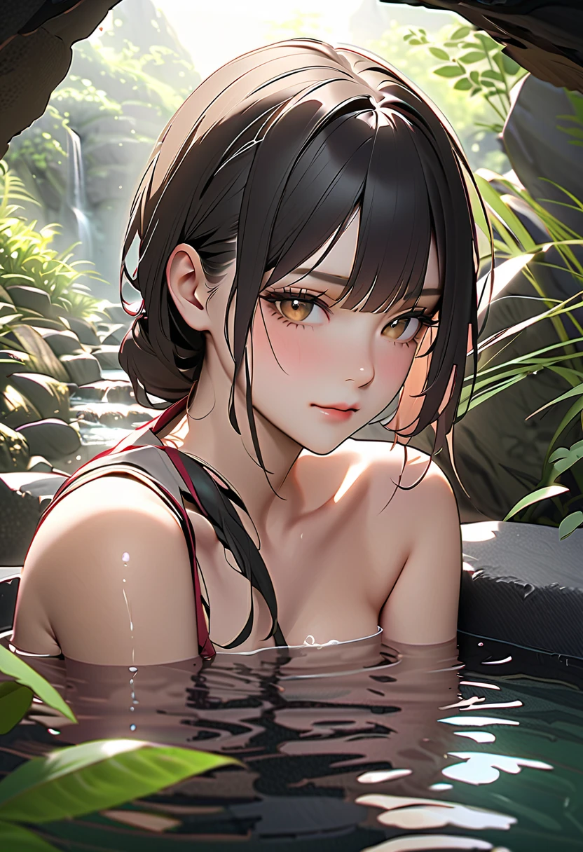 masutepiece, Fine detail, 4K, 8K, 12K, Solo, 1 person, Beautiful Girl, caucasian female, Upper body, Black hair, One Piece Hancock, Bath