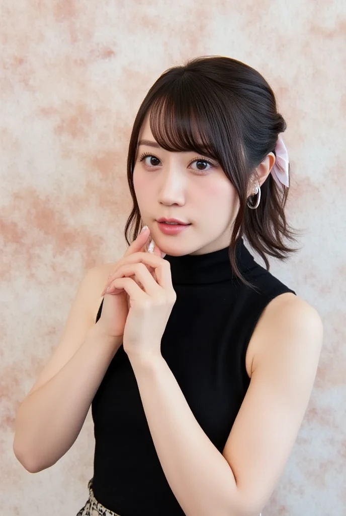 fukuhara, The image is a portrait of a young woman with shoulder-length brunette hair styled in a messy bun with bangs. She is wearing a white sleeveless top with a high neckline and a choker necklace. The top is covered in a transparent plastic material, giving it a shiny appearance. The woman is posing with one hand on her hip and the other resting on her thigh. She has a serious expression on her face and is looking directly at the camera. The background is a plain white wall.