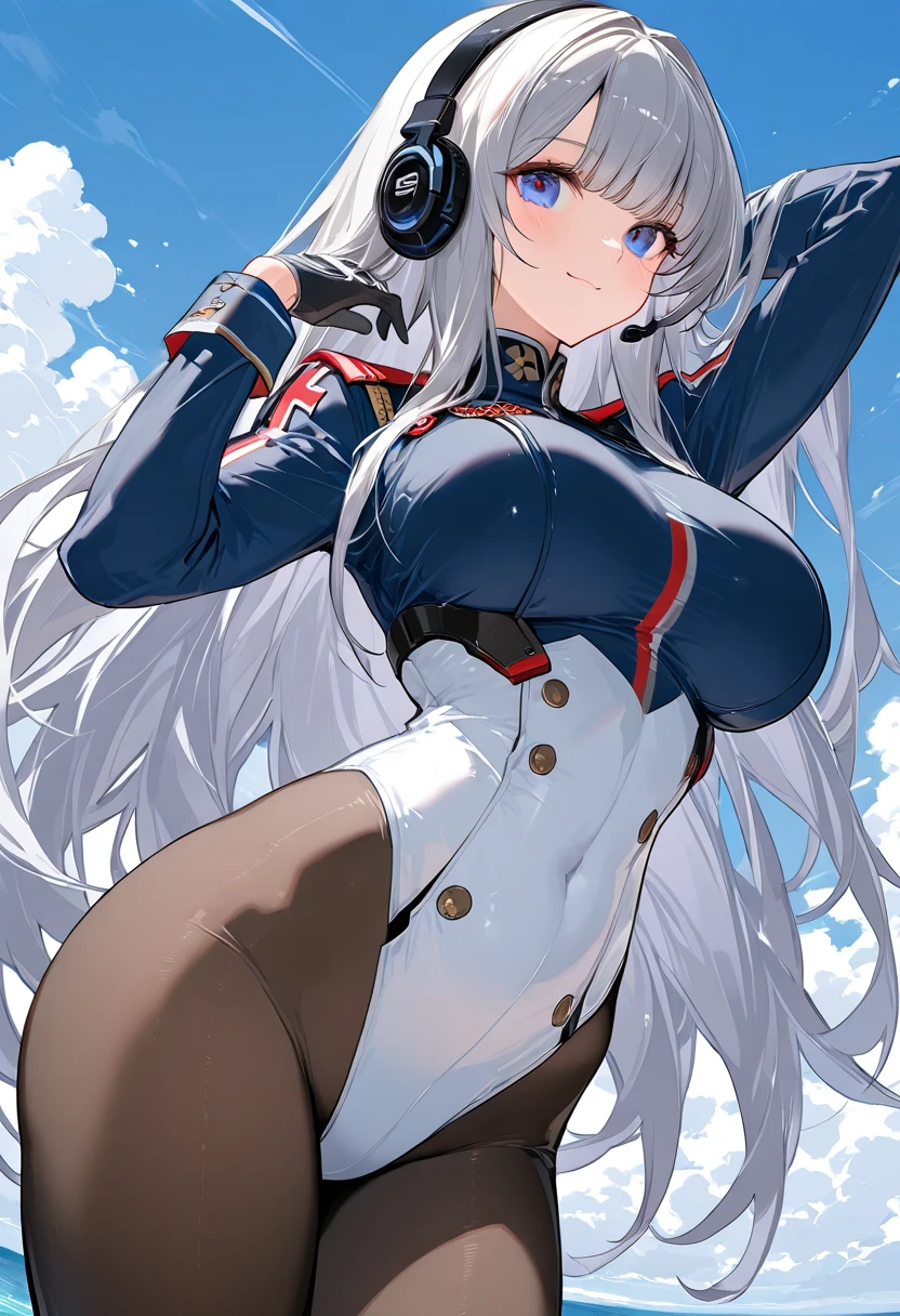 1girl, police, police uniform, police hat, policewoman, dark skin, dark-skinned female, blue eyes, white hair, long hair, huge breasts, thick thighs, bikini, black bikini, blue jacket, beach, shy, timid, wavy mouth, mature female, milf, open jacket, hourglass figure, pantyhose, black pantyhose, thigh strap