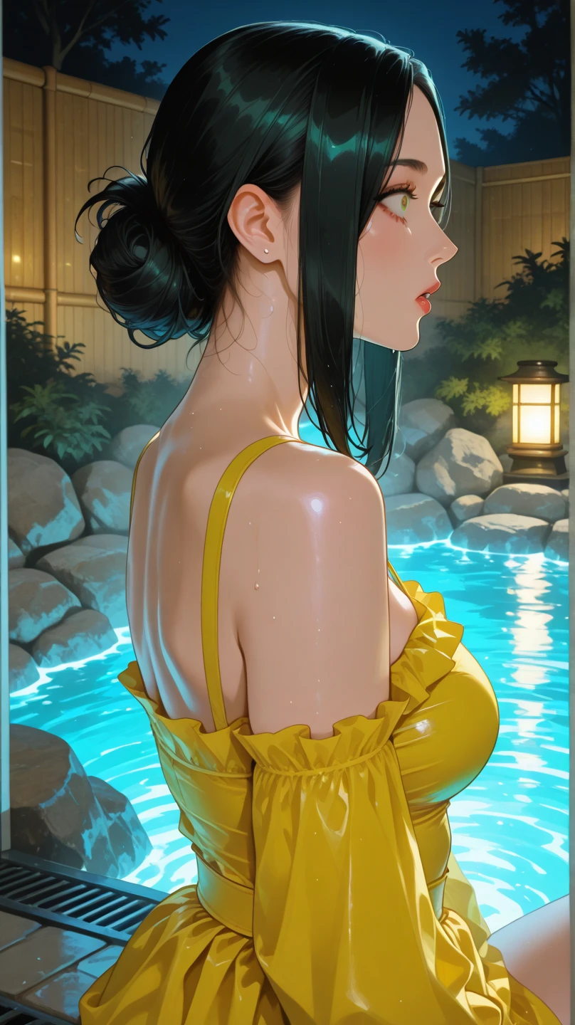 1girl, beautiful woman, she is sitting in abandoned metallic Framing Construction with water floor and moss and humid and plant and colorful flowers garden, wet, wettings, sunlit, blue sky, (close up), yellow fashion, face focus, (transparent yellow bathrobe, naked)