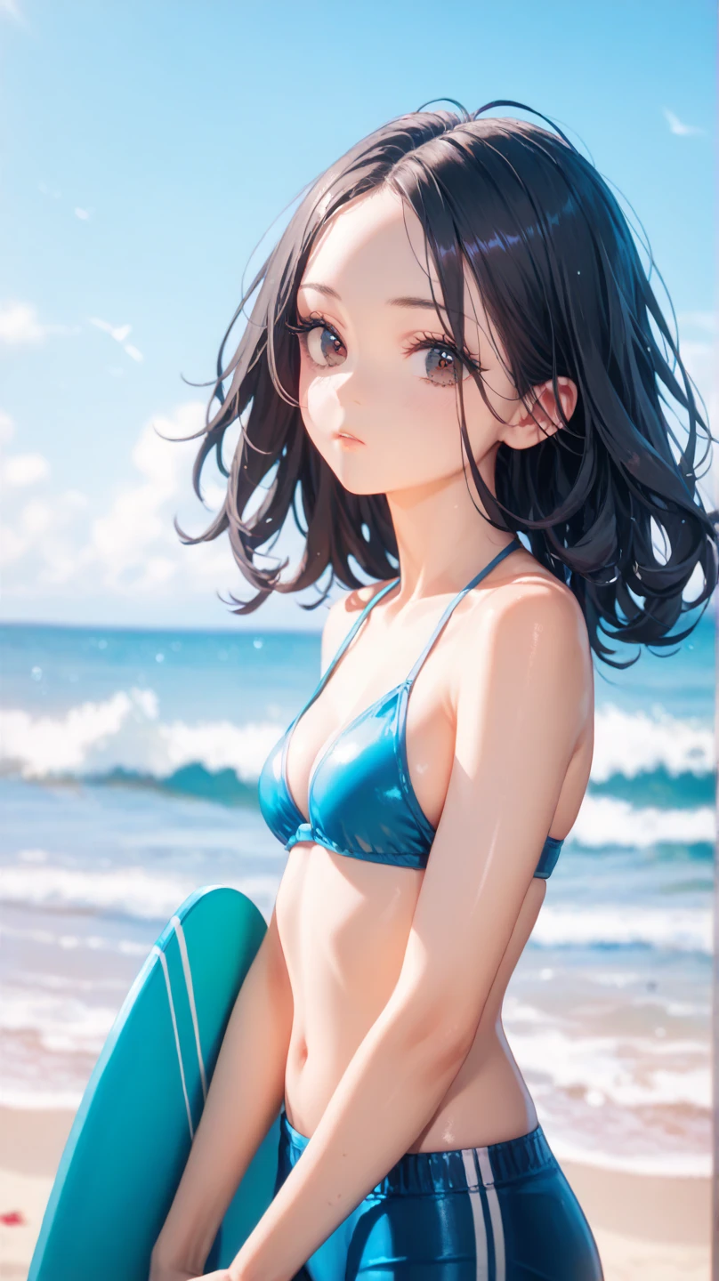 absurderes:2.0、realistic, Unity 8K Wallpaper, Masterpiece, Realistic face, Realistic skin feeling ,detailed hair, highly detailed, realistic glistening skin, Cute Girl, Perfect face, Innocent smile, ((flat chest)), charming oval face, Glossy skin, Embarrassed expression, patterned bikini、sunny beach