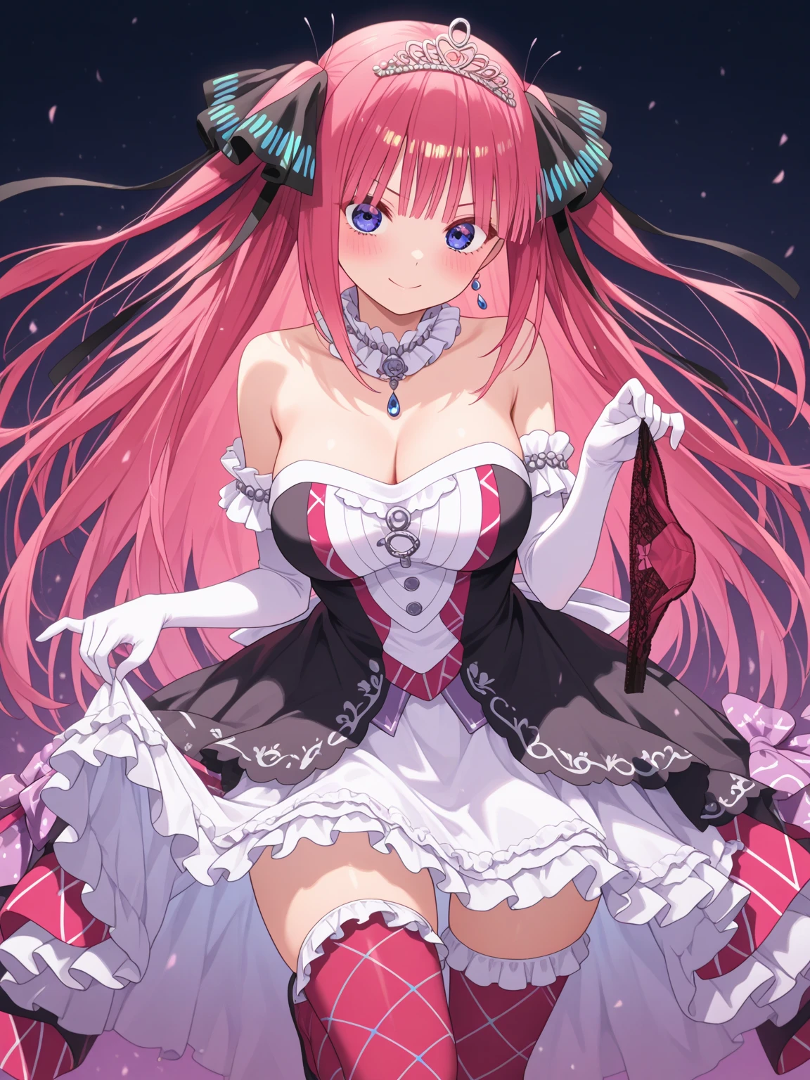 1 girl, game CG, white dress, cleavage visible, shoulders visible, corset, white short skirt, white jacket, neck ribbon, white beret, gigantic breasts, pink hair, long hair, straight hair, ahoge, pink eyes, amusement park, Halloween background, smile,