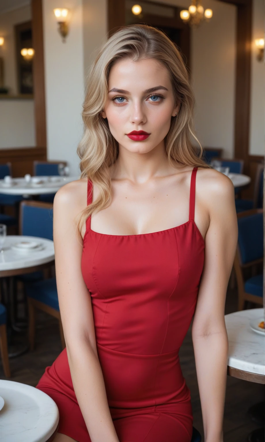 a European Russian woman, blue eyes, blonde hair, long day dress in red, seat a nice restraurant, nice earrings, rings and a watch on her hand