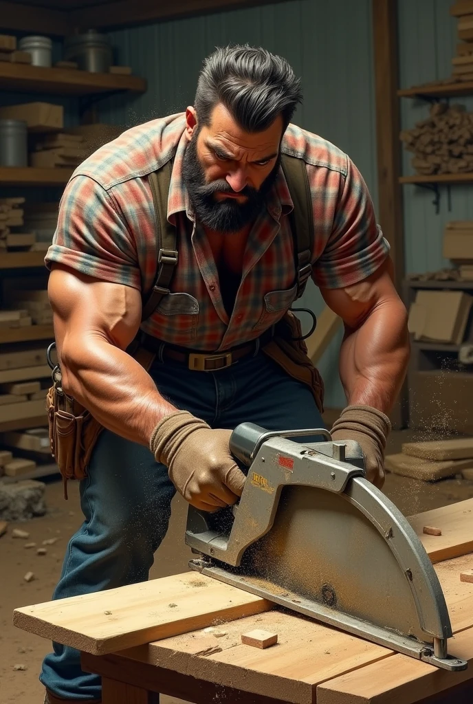 masterpiece, best quality, face, natural eyes, 1man, macho man,, muscled and mature, stephen amell as a carpenter wearing totally unbuttoned overall, sweating, tight cloth showing his muscles and bulge , full body , background wood workshop , woodwork of chairs , tools , wood parts , volumetric dynamic bright light .....