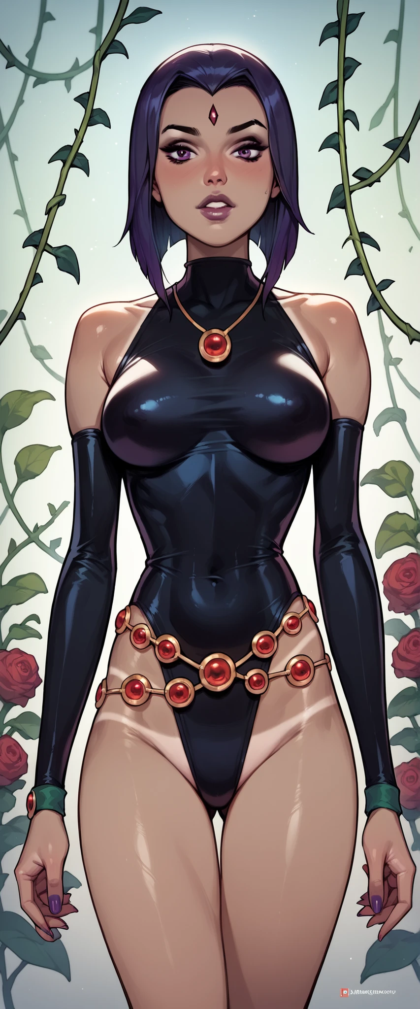 score_9, score_8_up, score_7_up, score_6_up, source_cartoon, source_western, AdamHughesStyle, raven 1girl, (tanned skin), raven costume, touching plants, thorny vines, giant roses, conservatory background