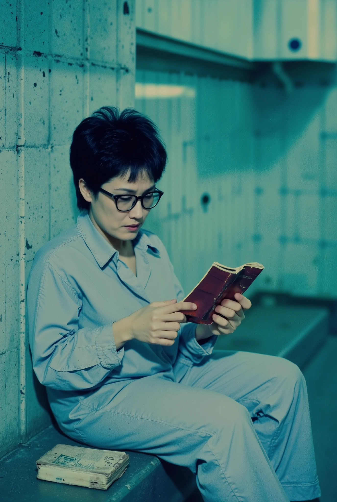Close up polaroid of a 55yo plump female /(italian, brunette)/, dressed in a grey jail jumpsuit, wearing glasses, the woman sits holding a torn and dirty old passport between her fingers and looks at it frightened. The space is empty, with walls curved at impossible angles. The atmosphere evokes a feeling of strangeness and depersonalization, with a hyperrealistic, science fiction style, and a clinical and futuristic environment. Cold lighting, blues predominate.