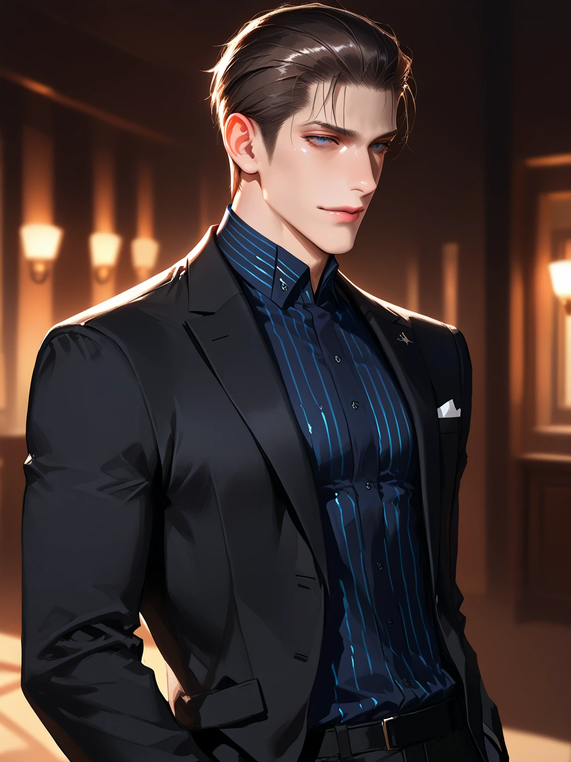 (best quality, masterpiece, 8 thousand, realistic, cinematic lighting, 1:4 HDR images, very detailed, beautiful photos), mature man, very handsome, ((cold expression)), black short hair, black eye, A perfect face without any mistakes, ((Buttoning my jacket, chief executive))